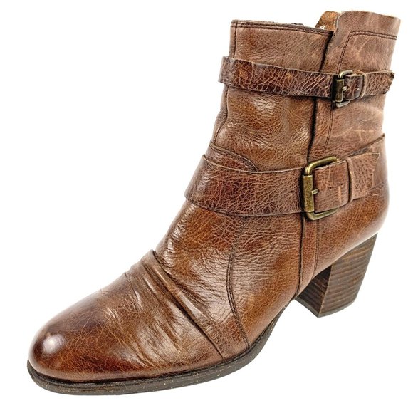 NAYA‎ Virtue Distressed Brown Leather Ruched Zip Buckle Ankle Boots - Picture 2 of 10
